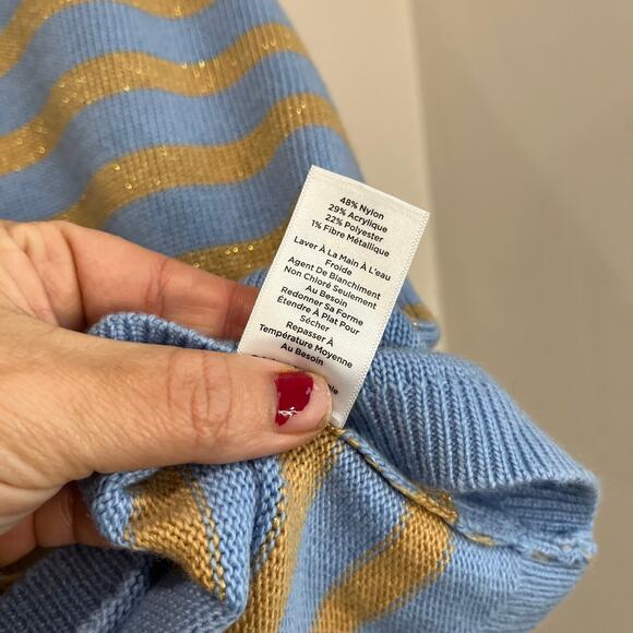 Talbots Metallic Stripe Turtleneck Sweater L Blue Tan Knit Winter Classic Preppy - Picture 6 of 9